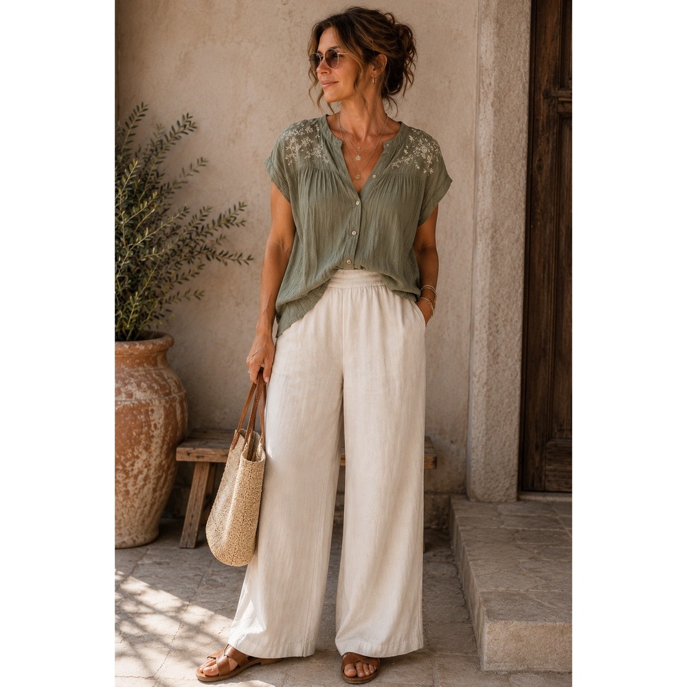 And Now This Womens Cream Linen Blend Wide Leg Elastic Waist Pants‎ Size Medium
